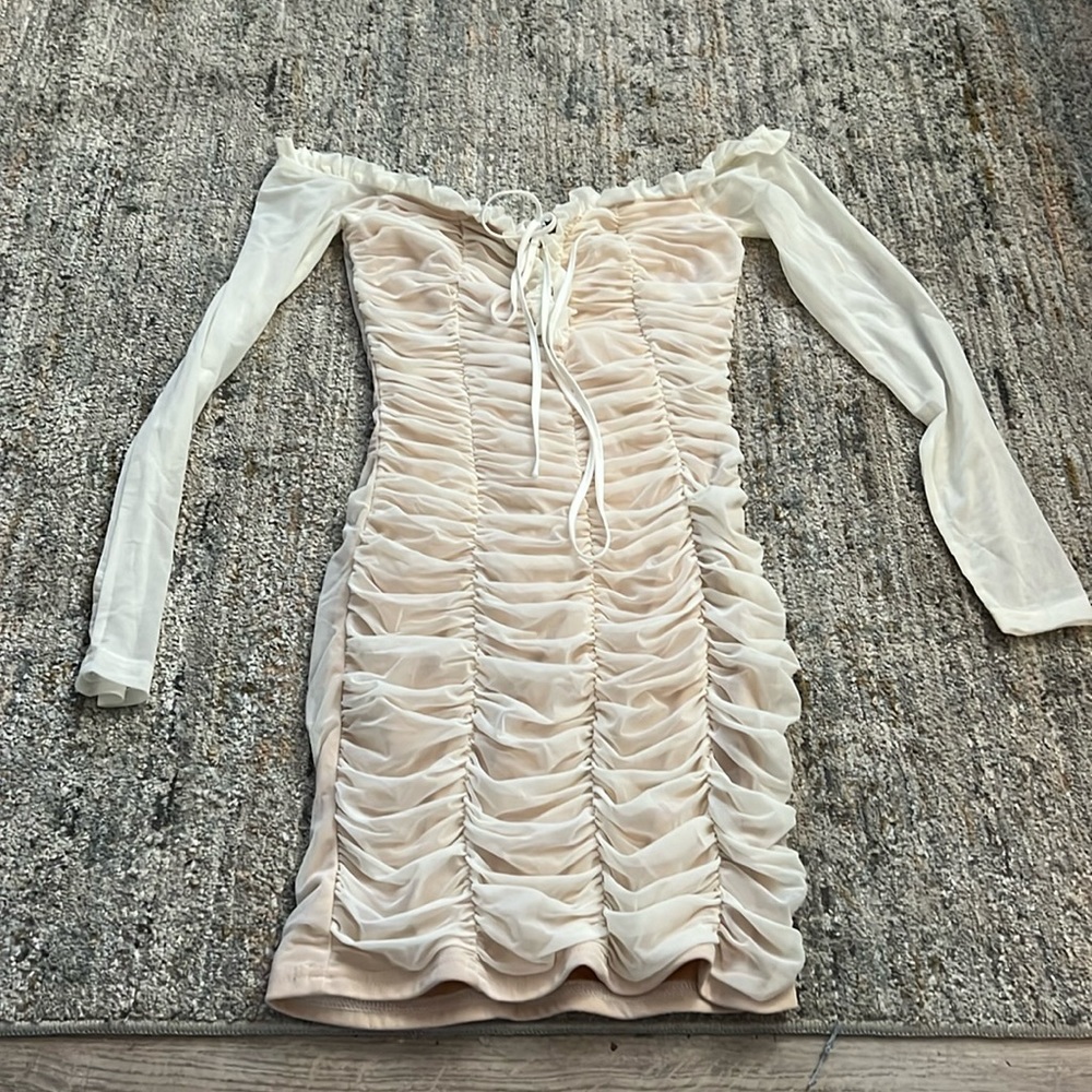 Fashion Nova cream rusched Long sleeve dress